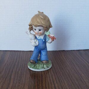 Vintage Homco Figurine Boy With Bunny and Carrots 5" Porcelain